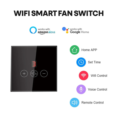 Glomarket Tuya Smart Wi-Fi Ceiling Fan Switch Eu Standard Glass Touch Wall App Controllo remoto Commutatore di velocità elettrico del ventilatore