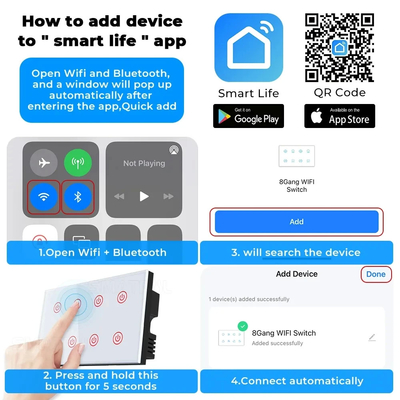 Glomarket Smart Home 8 Gang Wall Switch US Standard Tuya Voice APP Remote Control Wireless Switch per la luce a contatto con il muro